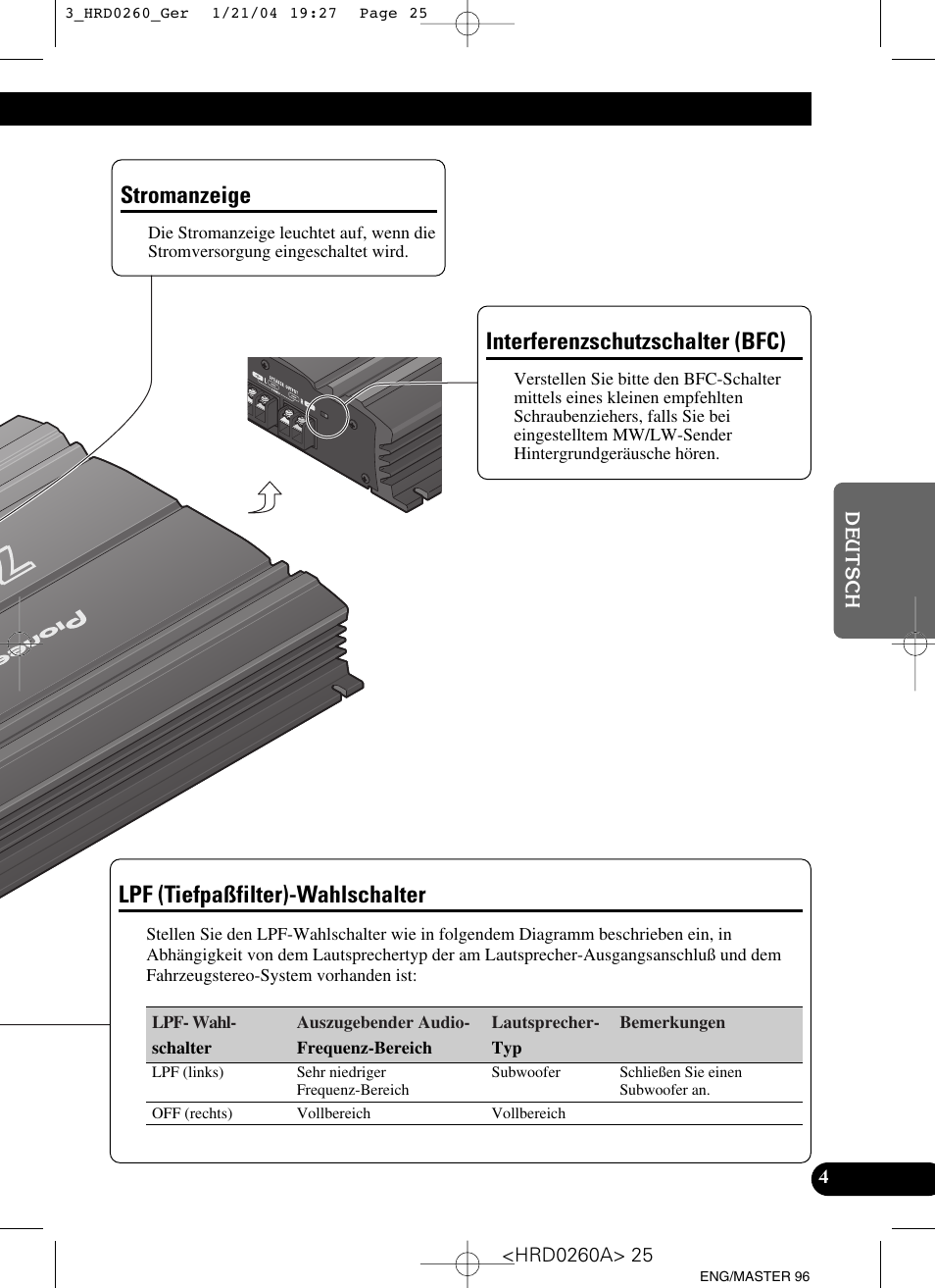 Stromanzeige, Lpf (tiefpaßfilter)-wahlschalter, Interferenzschutzschalter (bfc) | Pioneer GM-5000T User Manual | Page 25 / 62