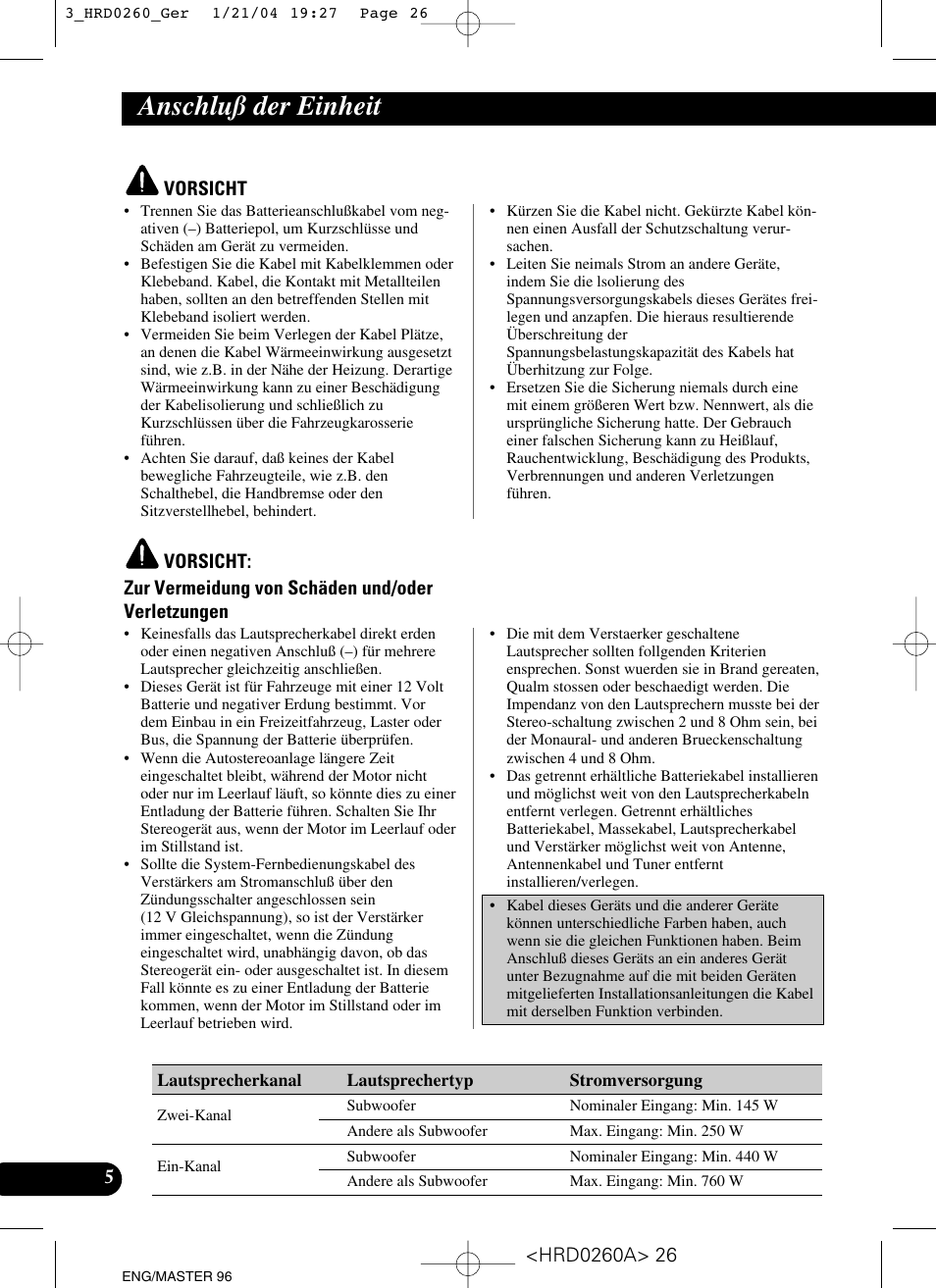 Anschluß der einheit | Pioneer GM-5000T User Manual | Page 26 / 62