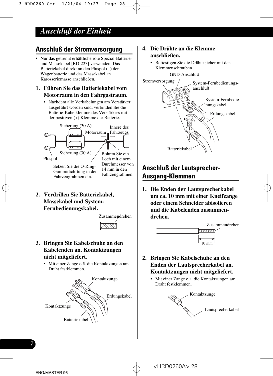Klemmen, Anschluß der einheit, Anschluß der stromversorgung | Anschluß der lautsprecher- ausgang-klemmen | Pioneer GM-5000T User Manual | Page 28 / 62