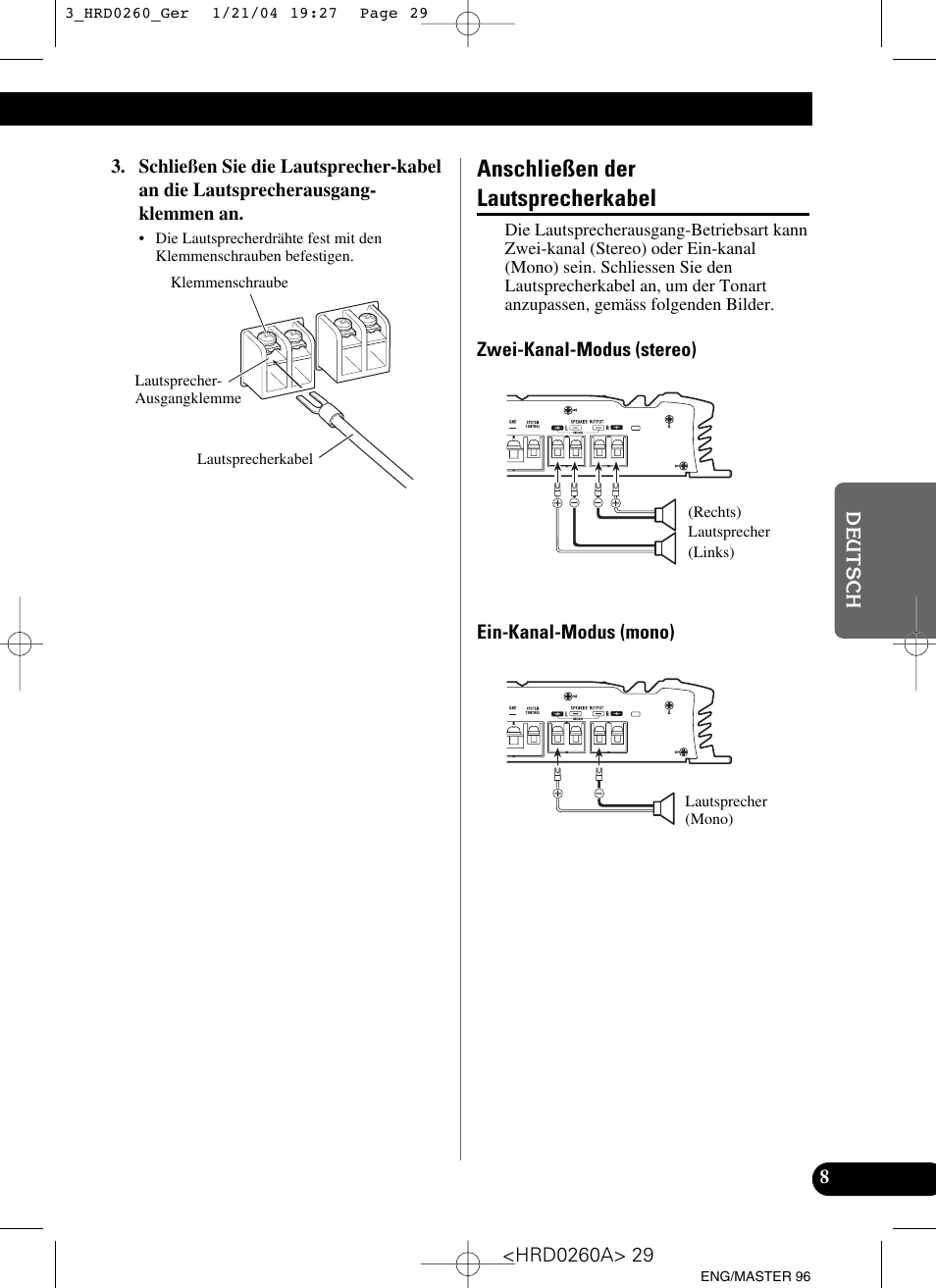 Anschließen der lautsprecherkabel | Pioneer GM-5000T User Manual | Page 29 / 62