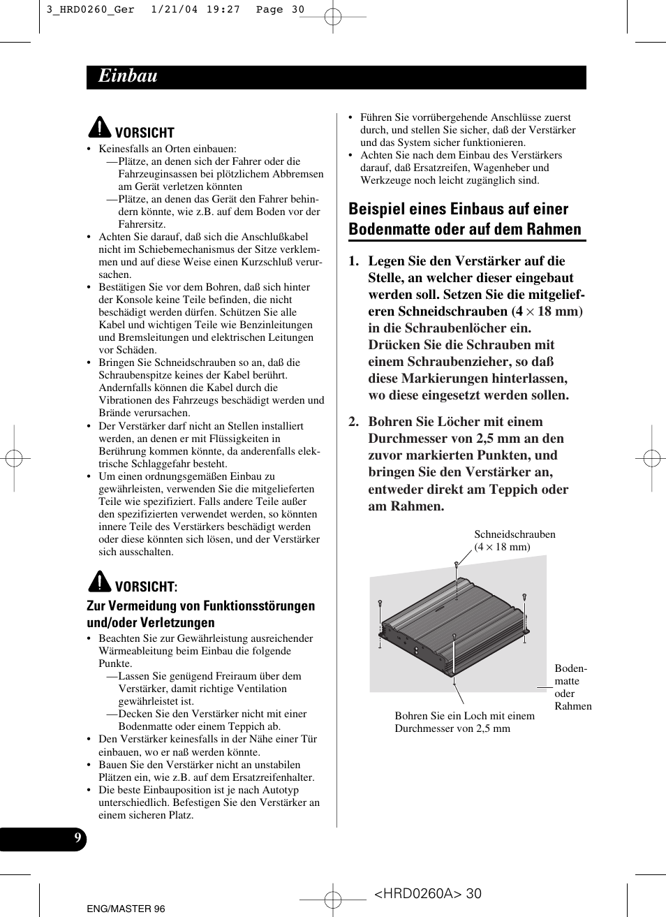 Einbau, Beispiel eines einbaus auf einer, Bodenmatte oder auf dem rahmen | Pioneer GM-5000T User Manual | Page 30 / 62