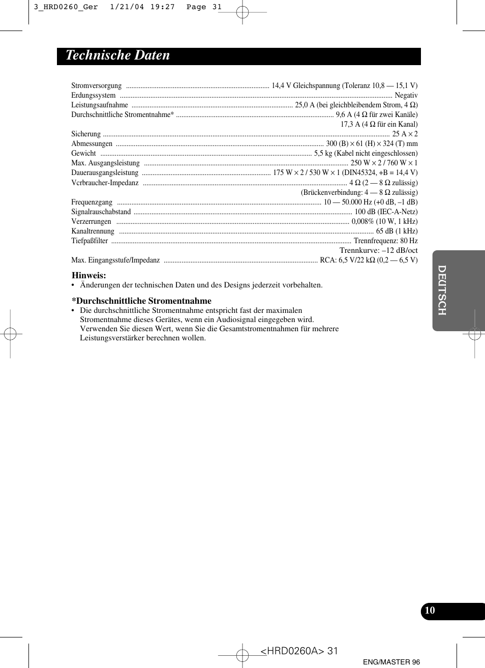 Technische daten | Pioneer GM-5000T User Manual | Page 31 / 62