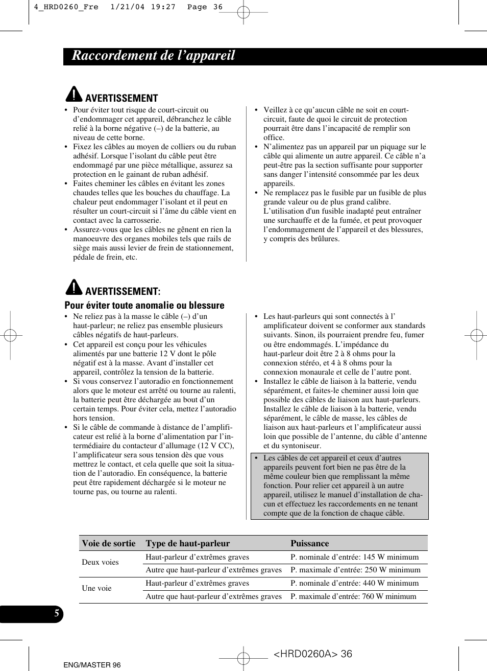 Raccordement de l’appareil | Pioneer GM-5000T User Manual | Page 36 / 62