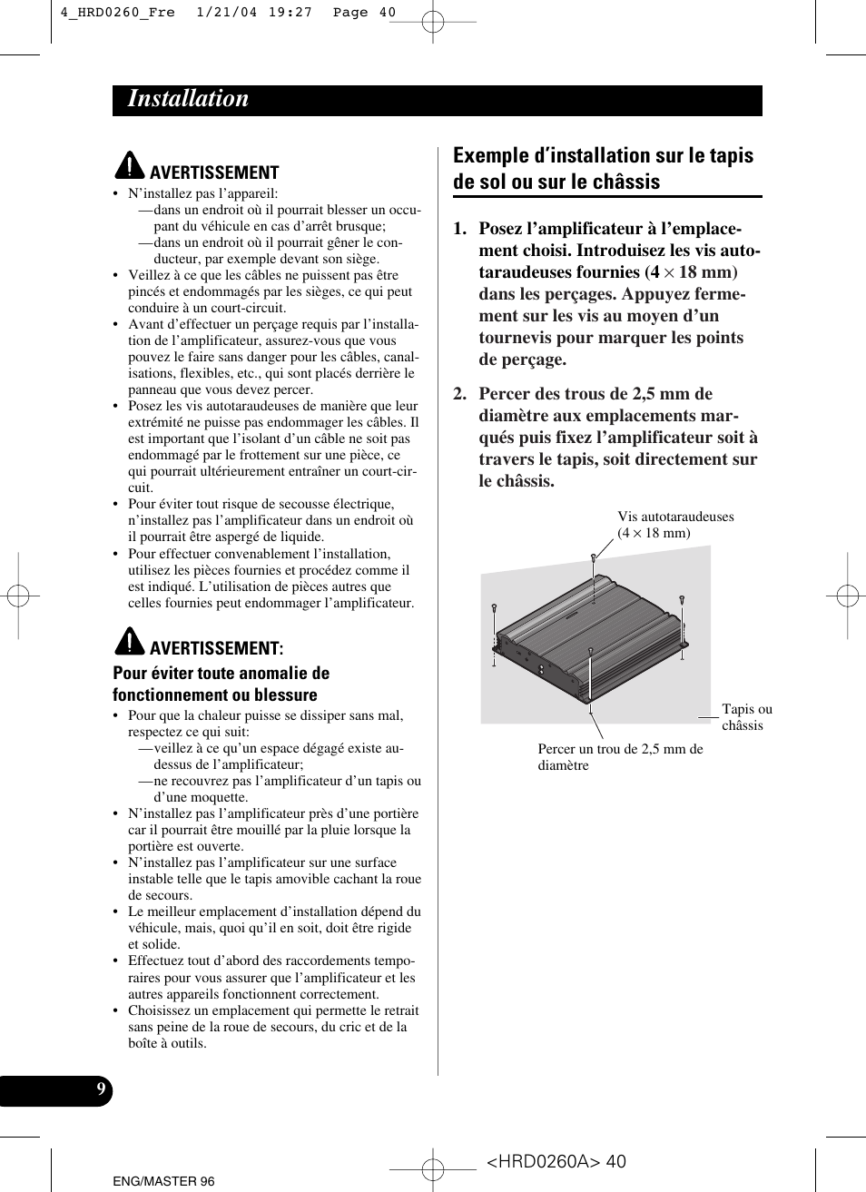 Installation, Exemple d’installation sur le tapis de sol, Ou sur le châssis | Pioneer GM-5000T User Manual | Page 40 / 62