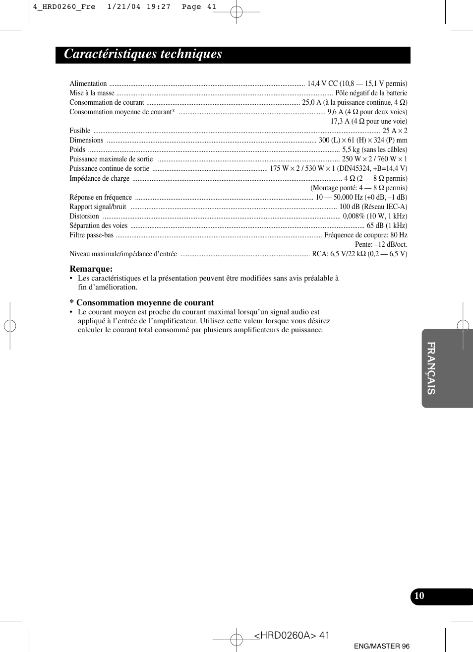 Caractéristiques techniques | Pioneer GM-5000T User Manual | Page 41 / 62