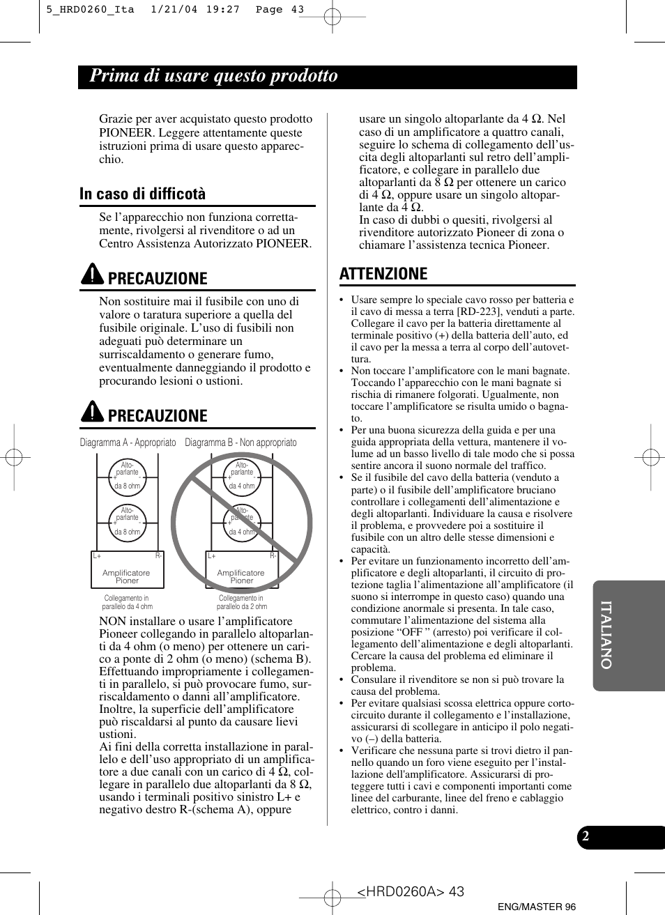 Prima di usare questo prodotto, Precauzione, Attenzione | Pioneer GM-5000T User Manual | Page 43 / 62