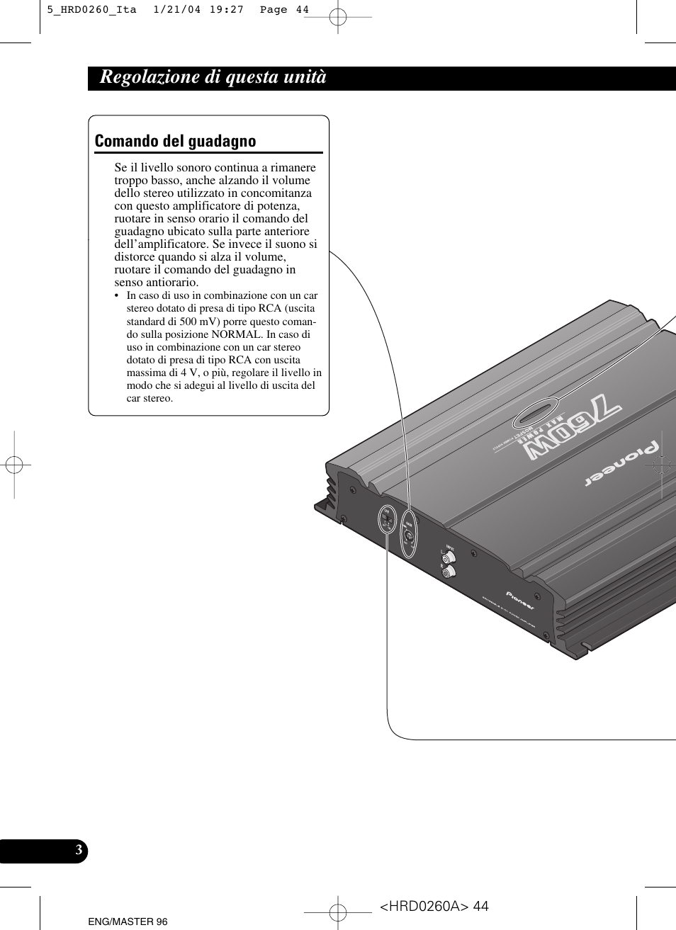 Regolazione di questa unità, Comando del guadagno | Pioneer GM-5000T User Manual | Page 44 / 62