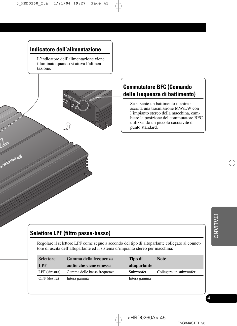 Frequenza di battimento), Selettore lpf (filtro passa-basso), Indicatore dell’alimentazione | Pioneer GM-5000T User Manual | Page 45 / 62