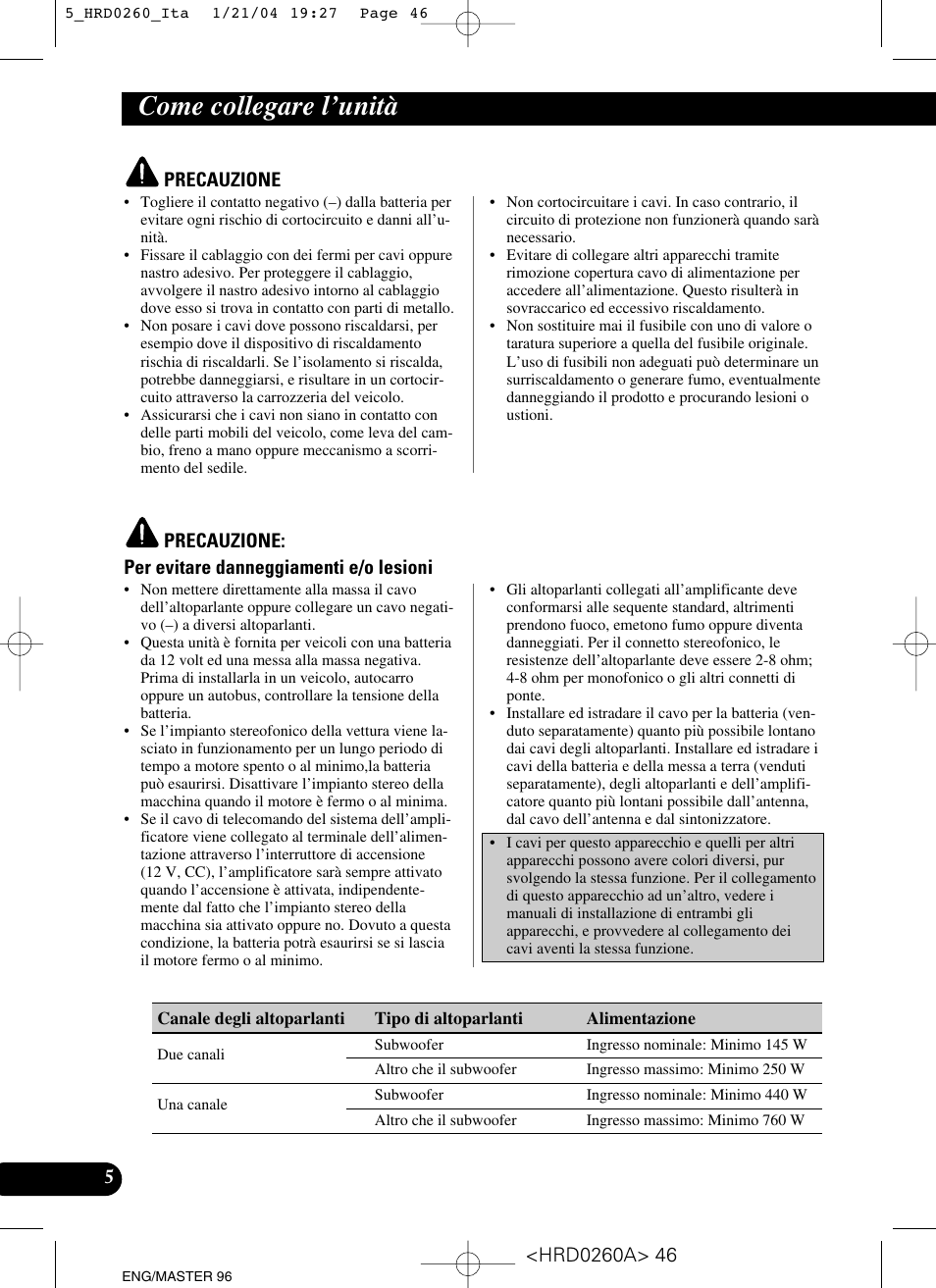 Come collegare i’unità, Come collegare l’unità | Pioneer GM-5000T User Manual | Page 46 / 62