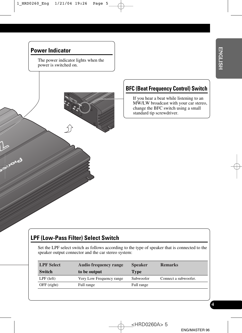Power indicator, Lpf (low-pass filter) select switch, Bfc (beat frequency control) switch | Pioneer GM-5000T User Manual | Page 5 / 62