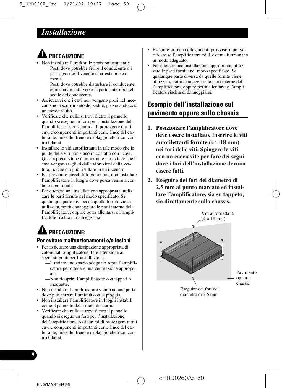 Installazione, Esempio dell’installazione sul pavimento, Oppure sullo chassis | Pioneer GM-5000T User Manual | Page 50 / 62