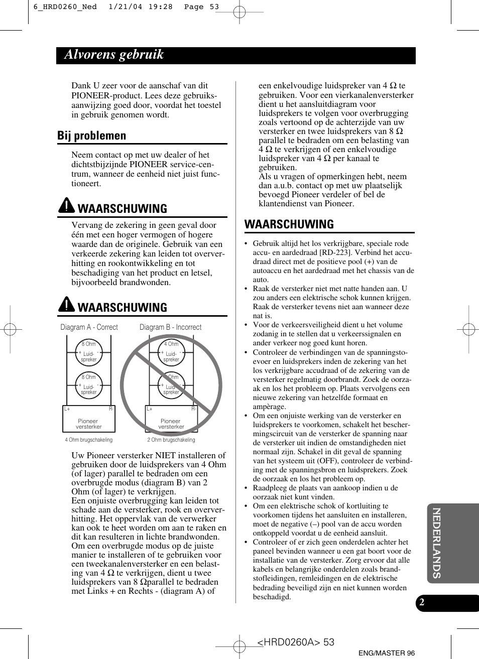 Alvorens gebruik, Bij problemen, Waarschuwing | Pioneer GM-5000T User Manual | Page 53 / 62