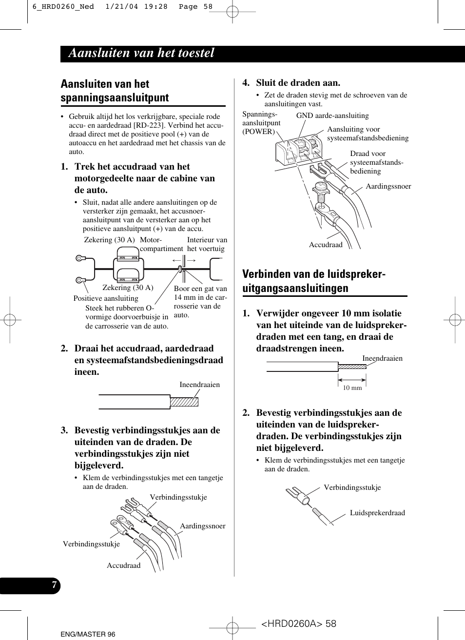 Uitgangsaansluitingen, Aansluiten van het toestel, Aansluiten van het spanningsaansluitpunt | Pioneer GM-5000T User Manual | Page 58 / 62