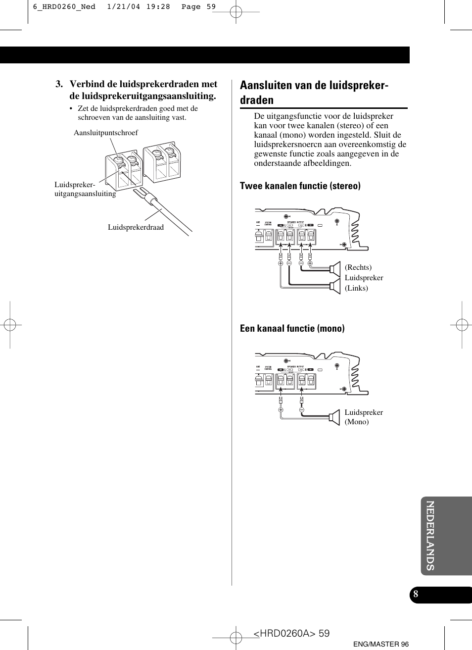 Aansluiten van de luidsprekerdraden, Aansluiten van de luidspreker- draden | Pioneer GM-5000T User Manual | Page 59 / 62