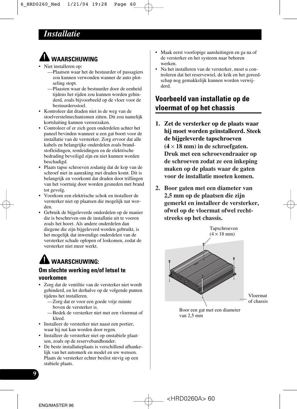 Installatie, Voorbeeld van installatie op de vloermat of, Op het chassis | Pioneer GM-5000T User Manual | Page 60 / 62