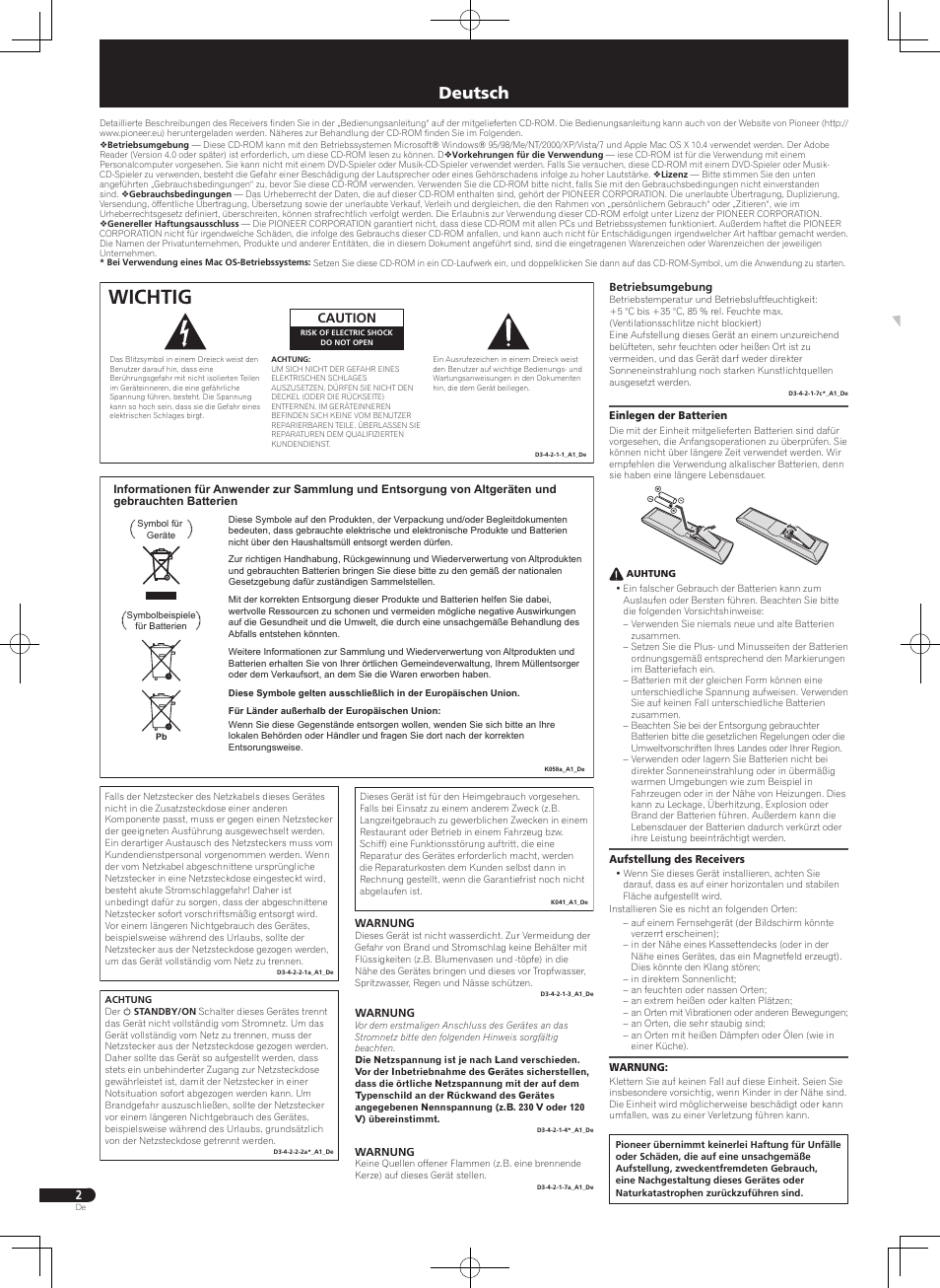 Kurzanleitung, Heimkino-einheit, Wichtig | Deutsch, Caution | Pioneer HTP-071 User Manual | Page 22 / 32