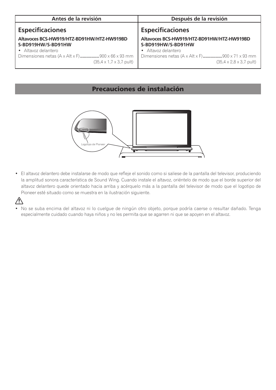 Especifi caciones, Precauciones de instalación | Pioneer BCS-HW919 User Manual | Page 10 / 14