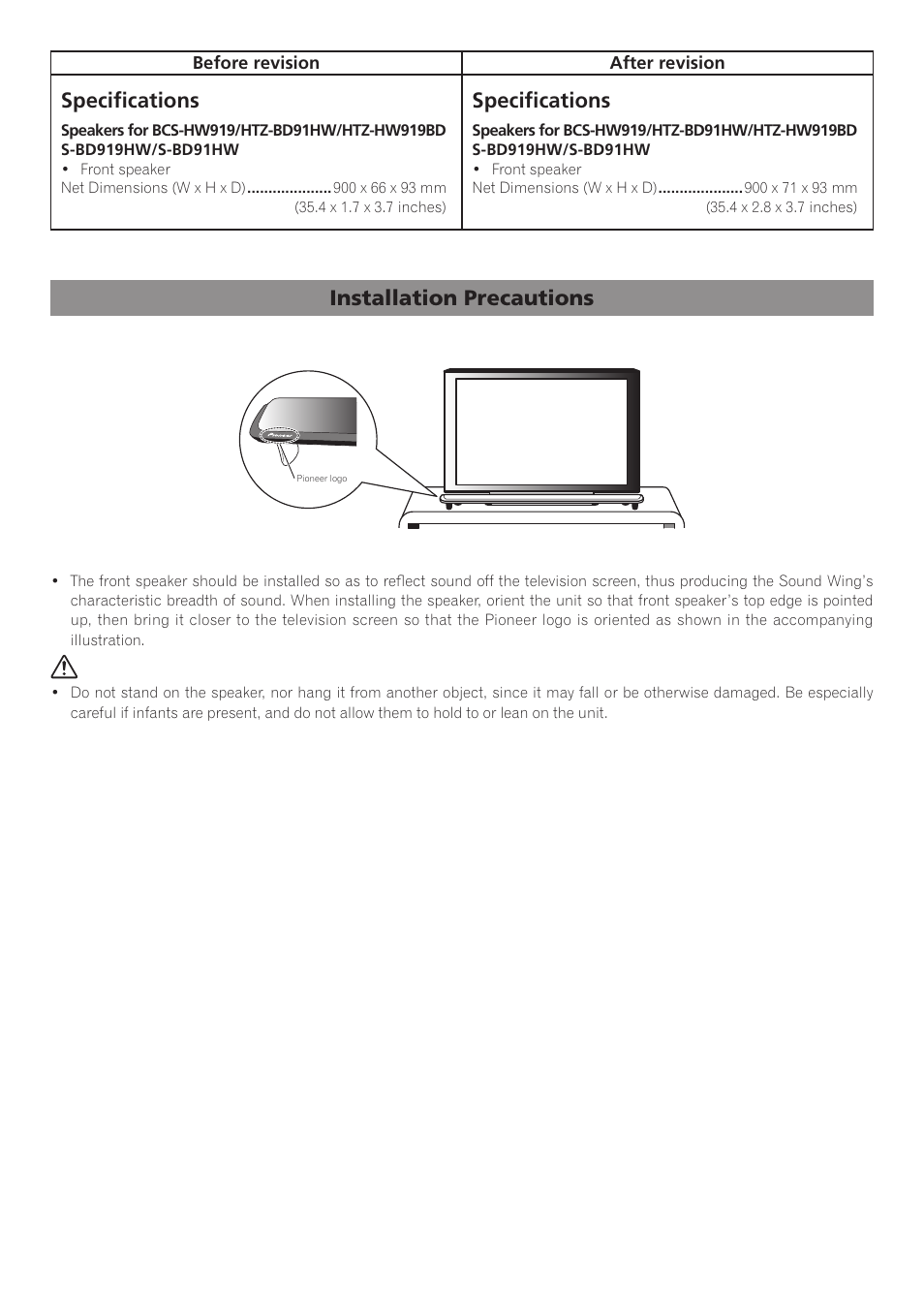 Specifi cations, Installation precautions | Pioneer BCS-HW919 User Manual | Page 2 / 14