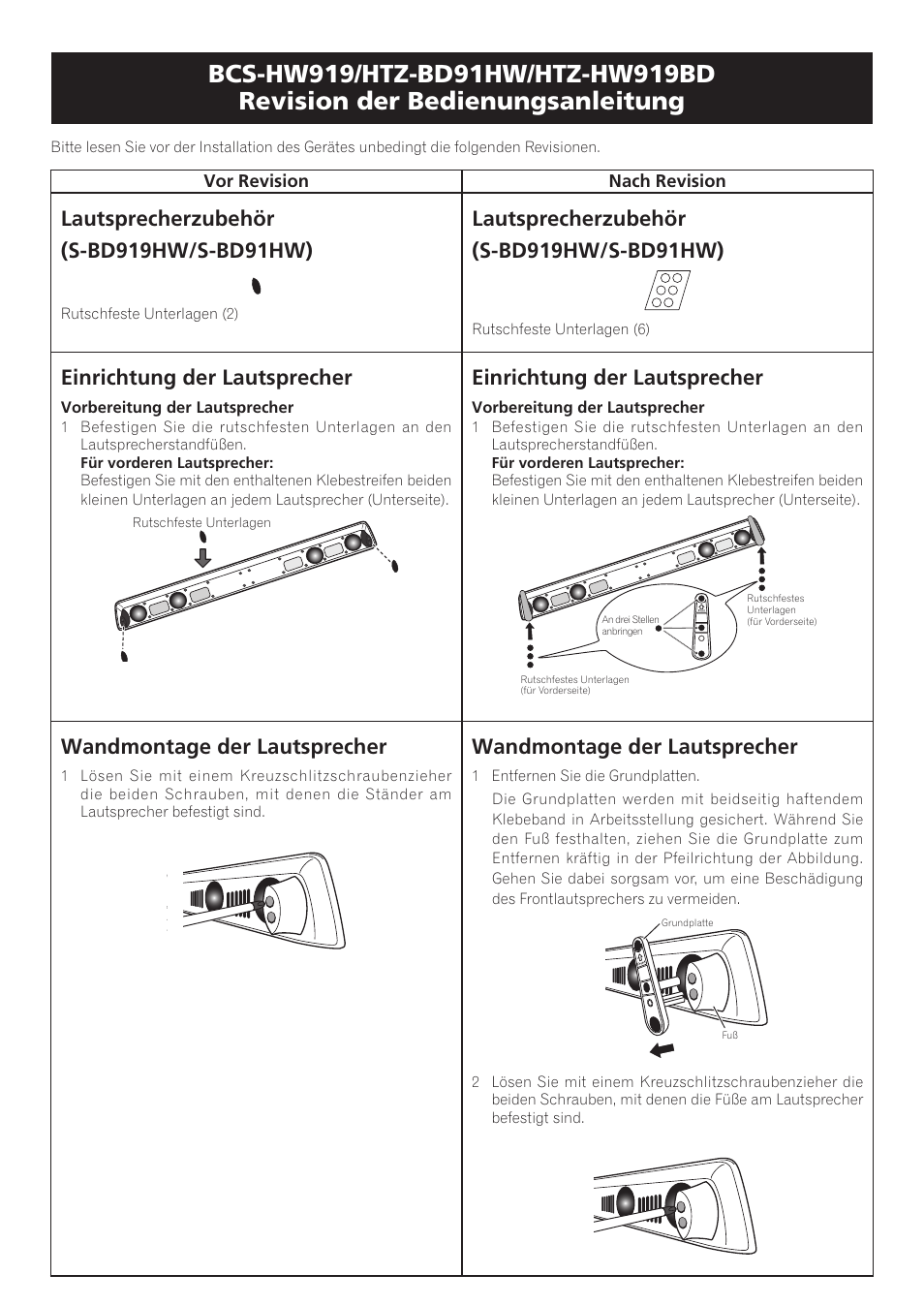 Einrichtung der lautsprecher, Wandmontage der lautsprecher | Pioneer BCS-HW919 User Manual | Page 5 / 14