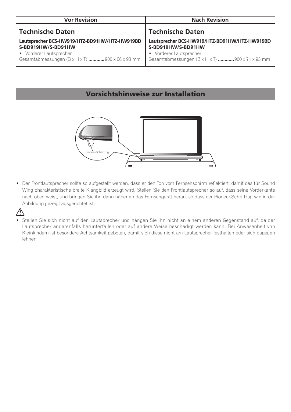Technische daten, Vorsichtshinweise zur installation | Pioneer BCS-HW919 User Manual | Page 6 / 14