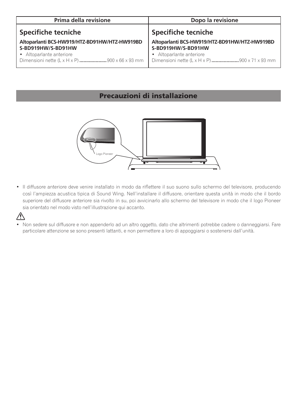 Specifi che tecniche, Precauzioni di installazione | Pioneer BCS-HW919 User Manual | Page 8 / 14