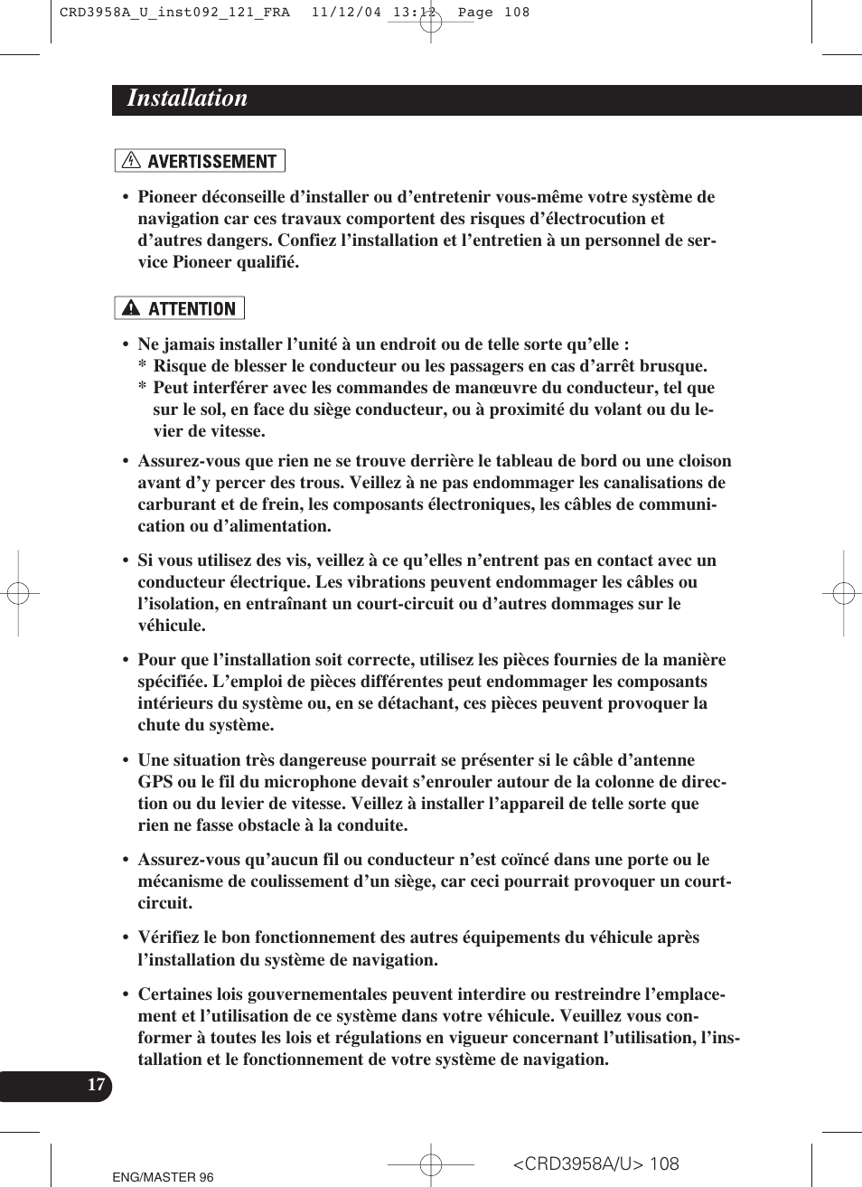 Installation | Pioneer AVIC-X1R User Manual | Page 108 / 181
