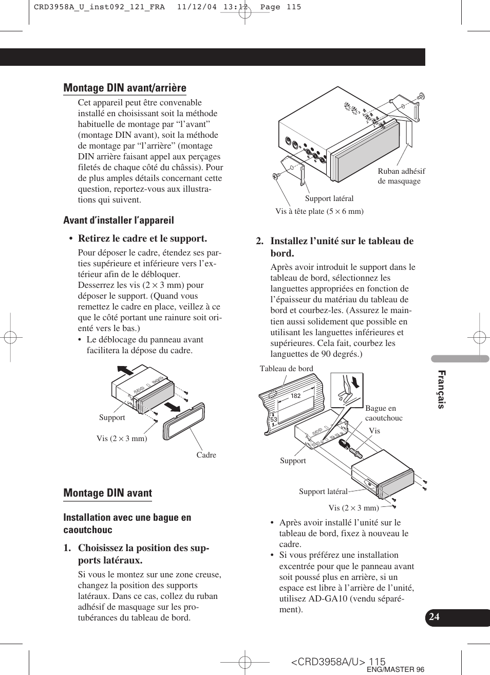 Montage din avant/arrière, Montage din avant | Pioneer AVIC-X1R User Manual | Page 115 / 181