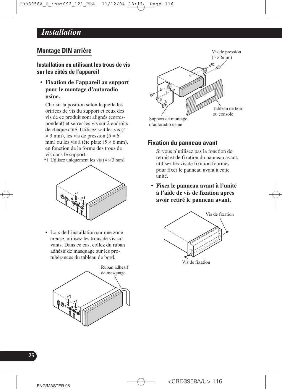 Montage din arrière, Fixation du panneau avant, Installation | Pioneer AVIC-X1R User Manual | Page 116 / 181