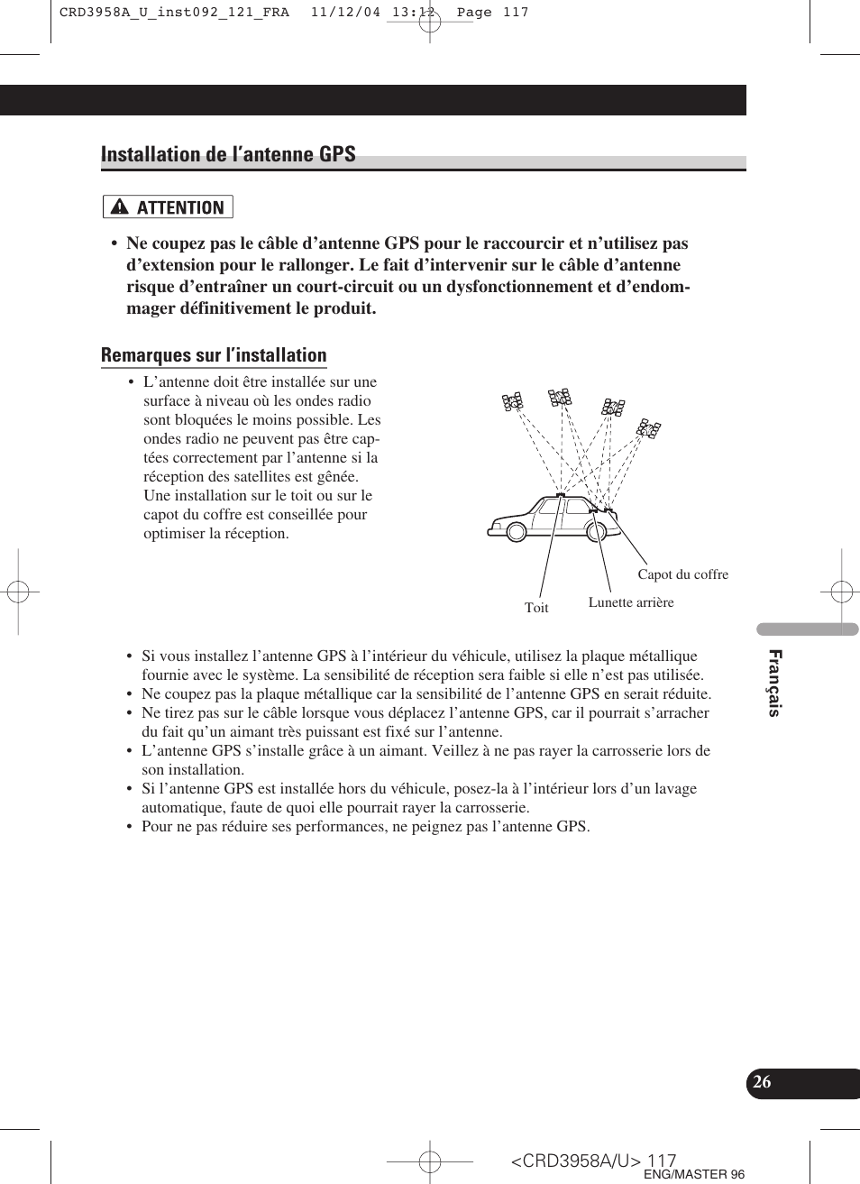 Installation de l’antenne gps, Remarques sur l’installation | Pioneer AVIC-X1R User Manual | Page 117 / 181