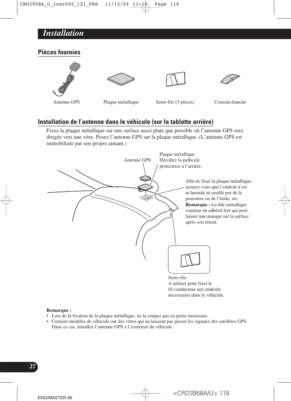 Pièces fournies, Installation | Pioneer AVIC-X1R User Manual | Page 118 / 181