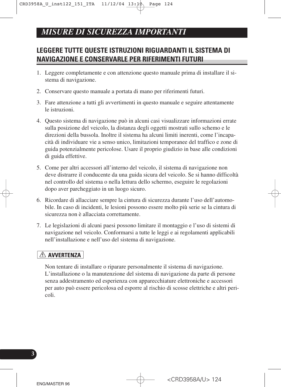 Leggere tutte queste istruzioni, Misure di sicurezza importanti | Pioneer AVIC-X1R User Manual | Page 124 / 181