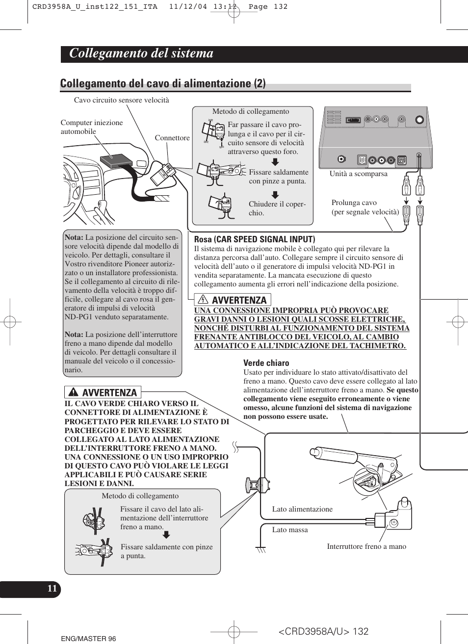 Collegamento del cavo di alimentazione (2), Verde chiaro, Collegamento del sistema | Pioneer AVIC-X1R User Manual | Page 132 / 181