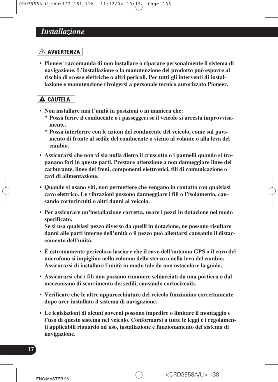 Installazione | Pioneer AVIC-X1R User Manual | Page 138 / 181