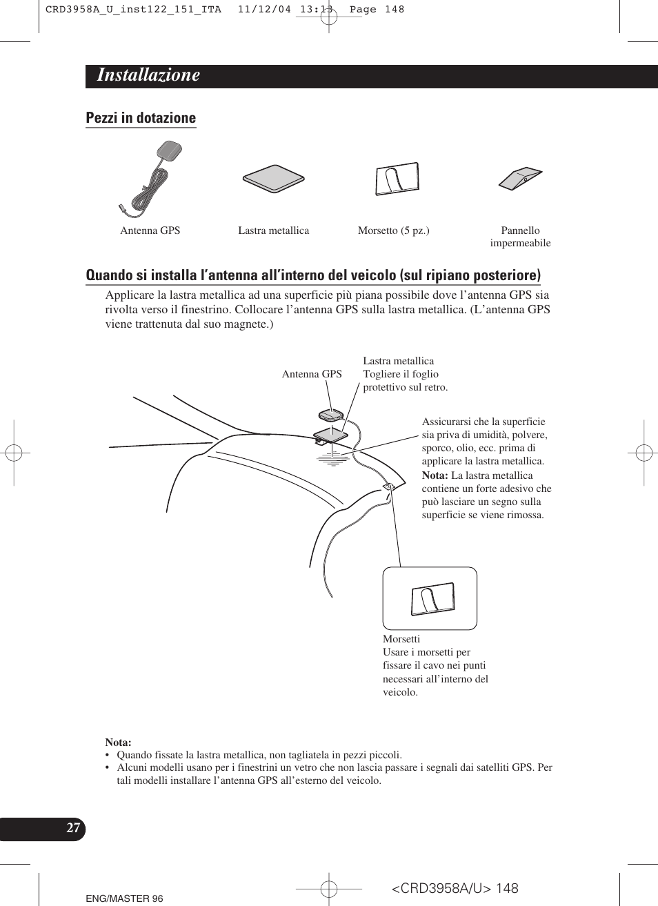 Pezzi in dotazione, Installazione | Pioneer AVIC-X1R User Manual | Page 148 / 181