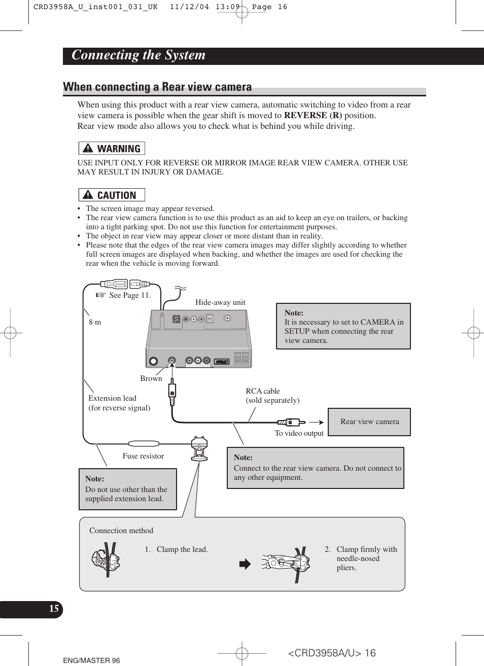 When connecting with a rear view, Camera, Connecting the system | When connecting a rear view camera | Pioneer AVIC-X1R User Manual | Page 16 / 181