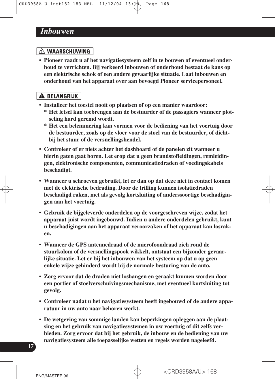 Inbouwen | Pioneer AVIC-X1R User Manual | Page 168 / 181