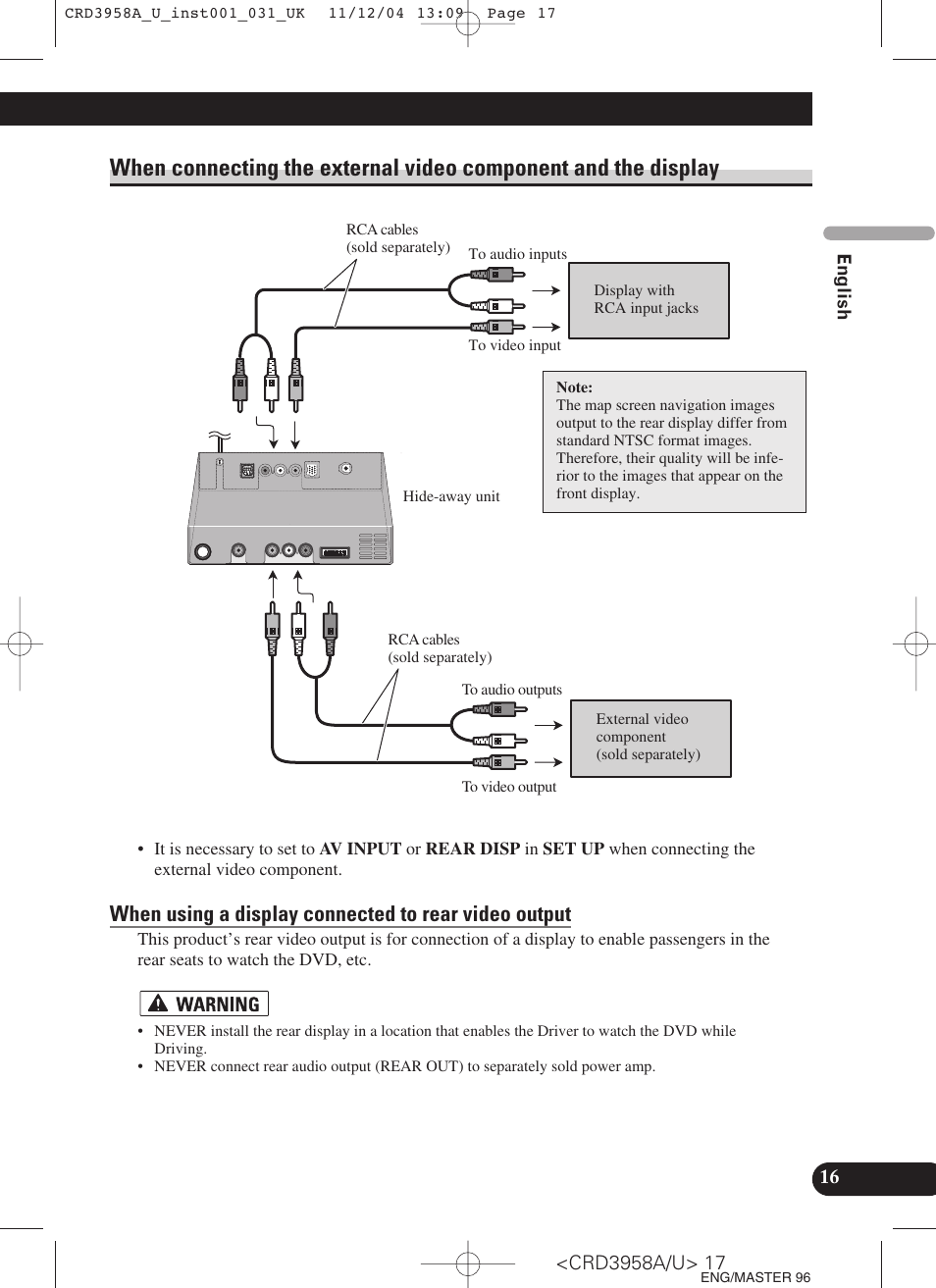 When connecting the external video component, And the display | Pioneer AVIC-X1R User Manual | Page 17 / 181