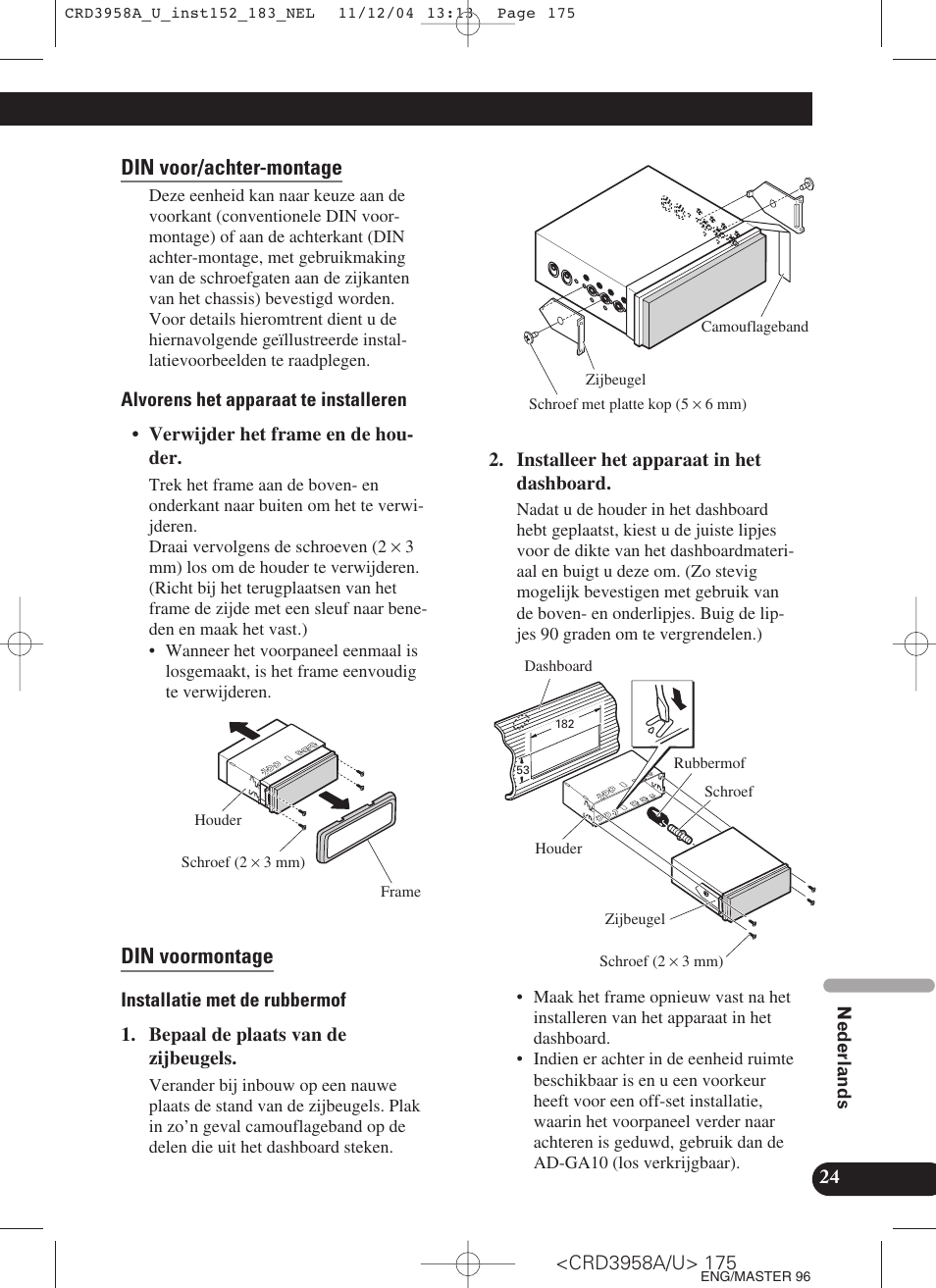 Din voor/achter-montage, Din voormontage | Pioneer AVIC-X1R User Manual | Page 175 / 181