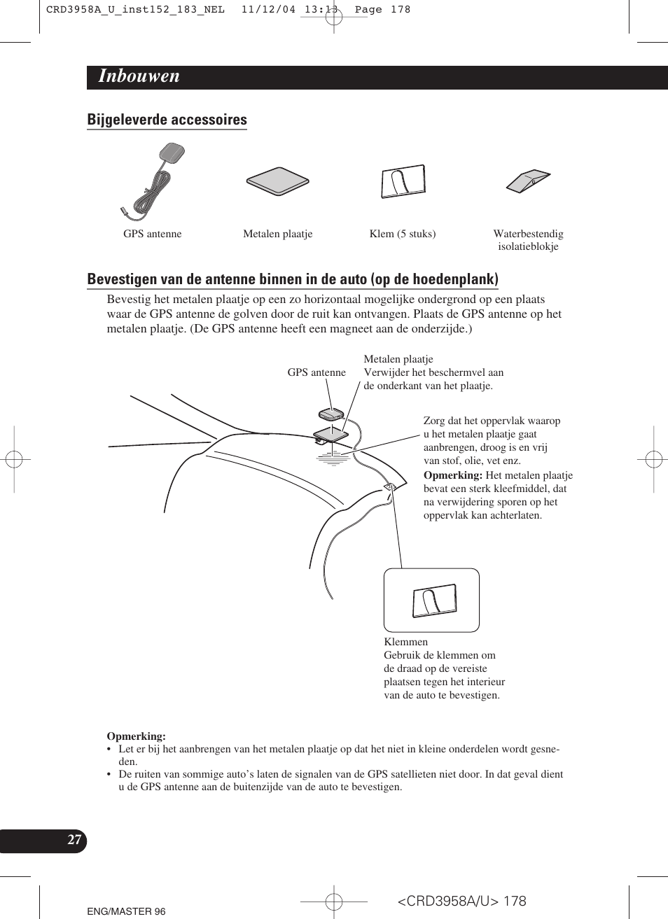 Bijgeleverde accessoires, Inbouwen | Pioneer AVIC-X1R User Manual | Page 178 / 181