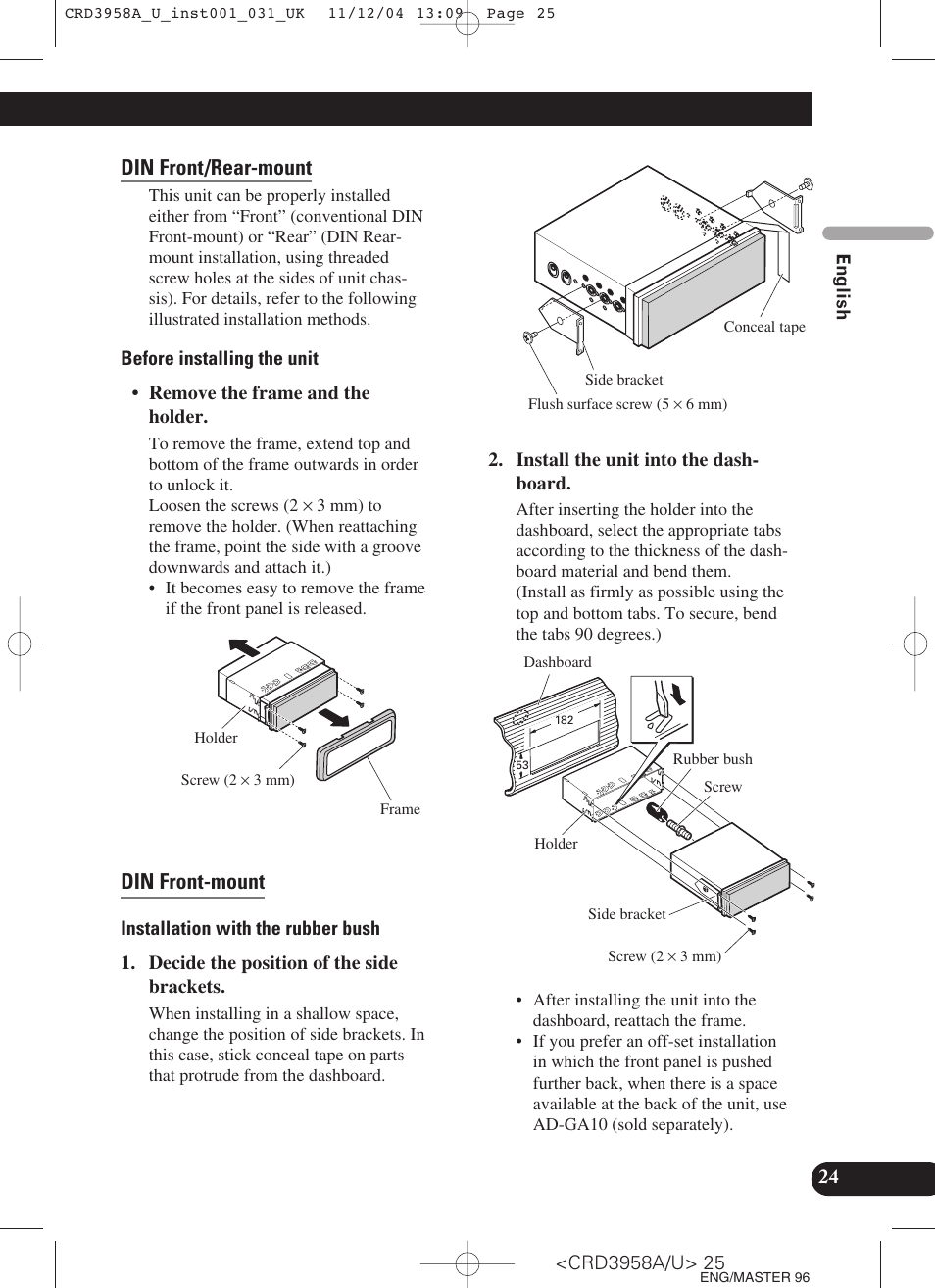 Din front/rear-mount, Din front-mount | Pioneer AVIC-X1R User Manual | Page 25 / 181