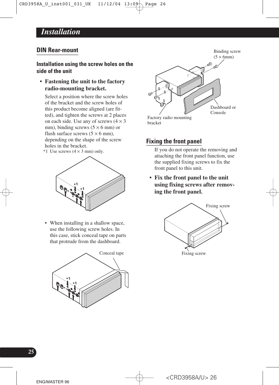 Din rear-mount, Fixing the front panel, Installation | Pioneer AVIC-X1R User Manual | Page 26 / 181