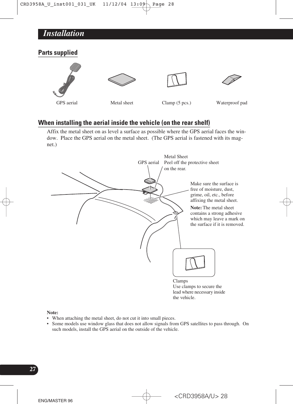 Parts supplied, Installation | Pioneer AVIC-X1R User Manual | Page 28 / 181