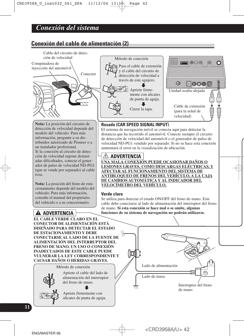 Conexión del cable de alimentación (2), Verde claro, Conexión del sistema | Pioneer AVIC-X1R User Manual | Page 42 / 181