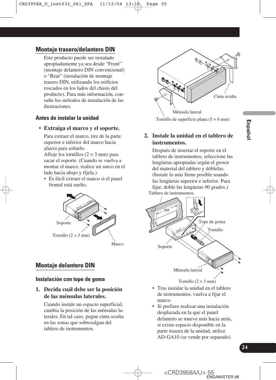 Montaje trasero/delantero din, Montaje delantero din | Pioneer AVIC-X1R User Manual | Page 55 / 181