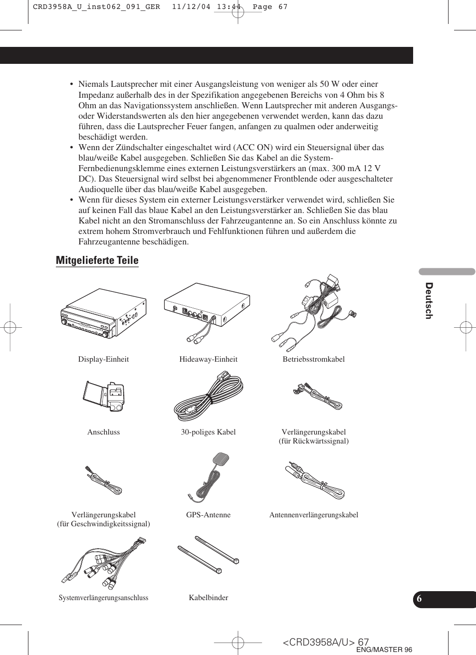 Mitgelieferte teile | Pioneer AVIC-X1R User Manual | Page 67 / 181