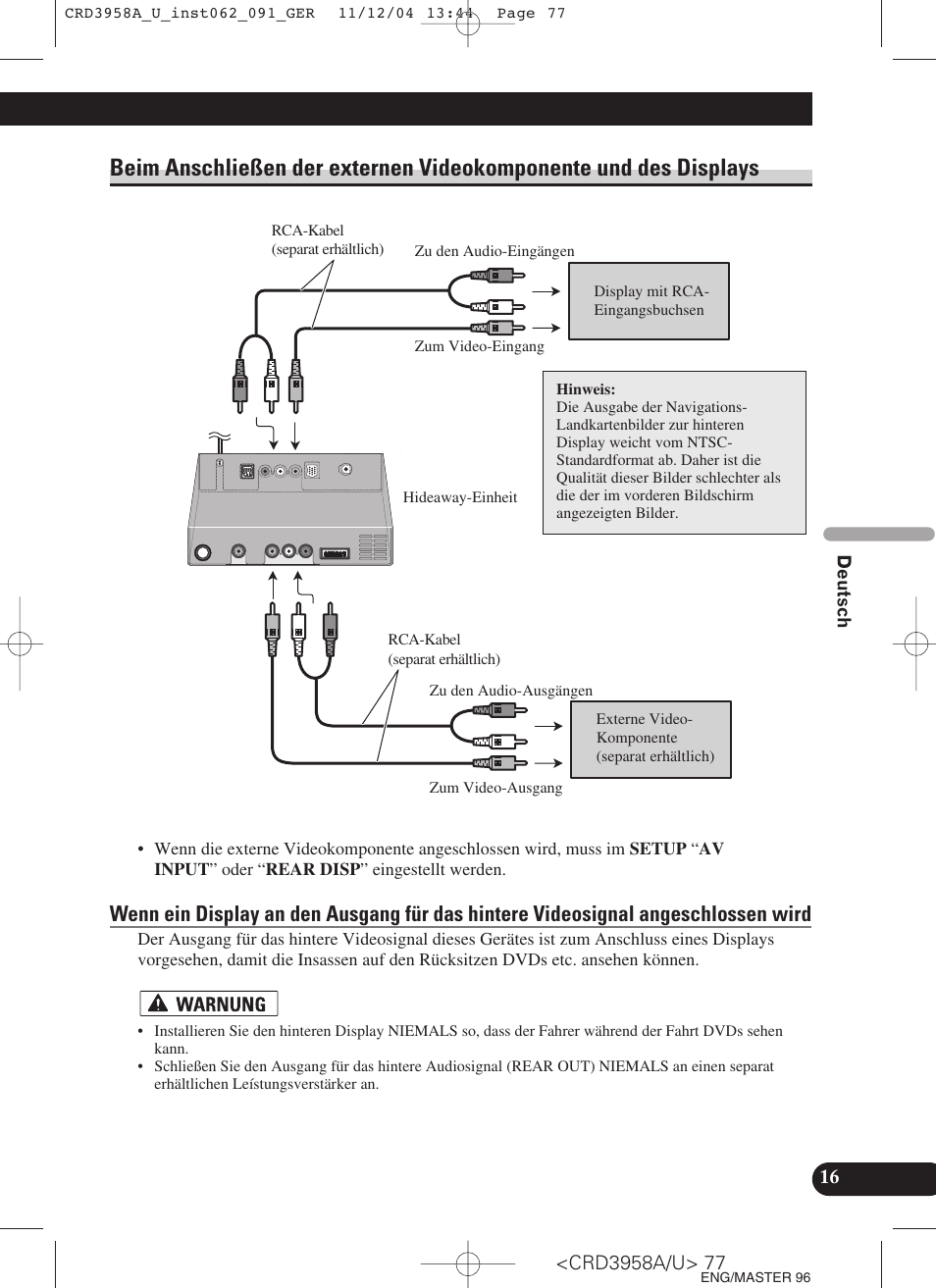 Beim anschließen der externen, Videokomponente und des displays | Pioneer AVIC-X1R User Manual | Page 77 / 181