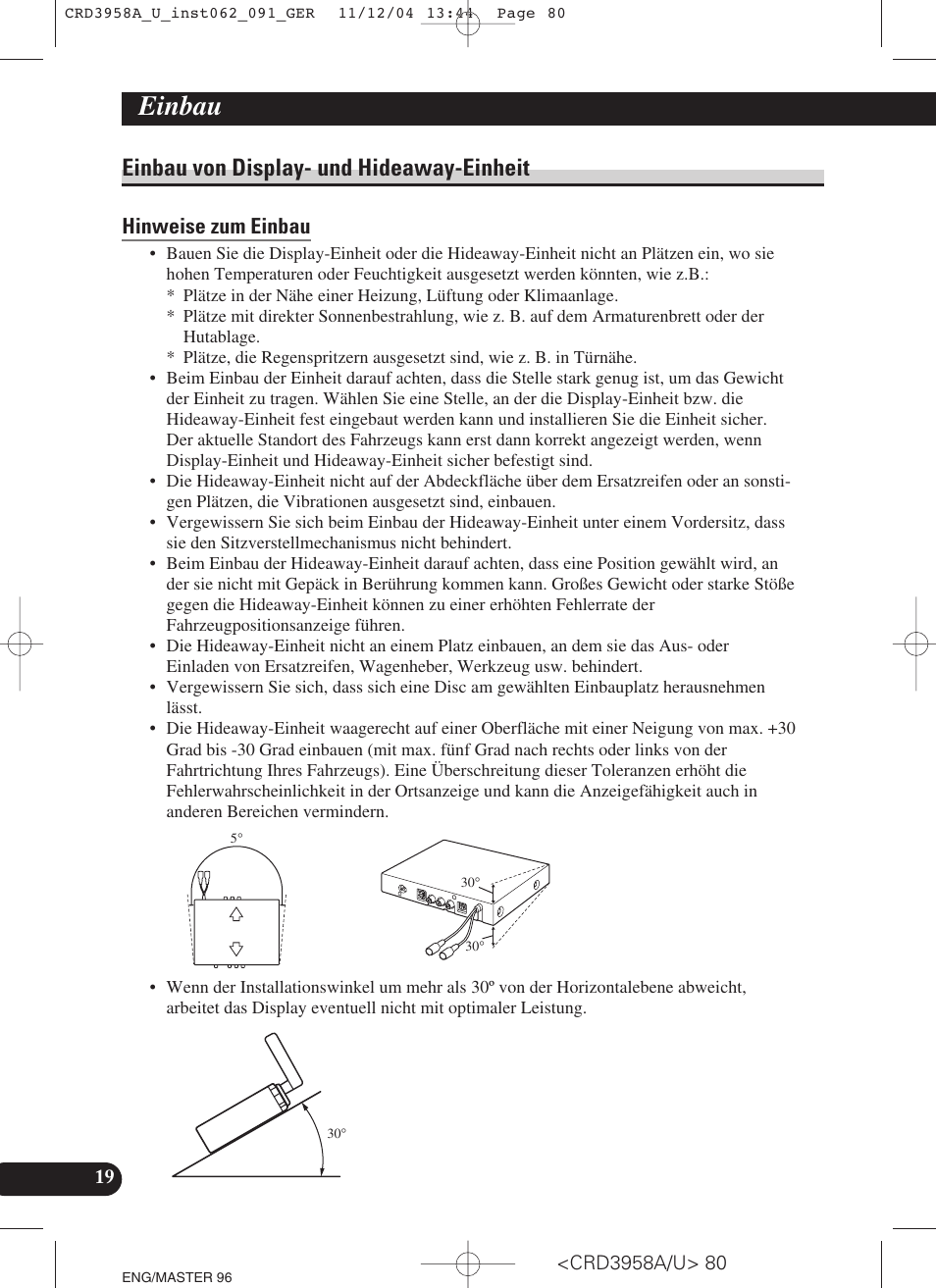 Einbau von display- und hideaway-einheit, Hinweise zum einbau, Einbau | Pioneer AVIC-X1R User Manual | Page 80 / 181