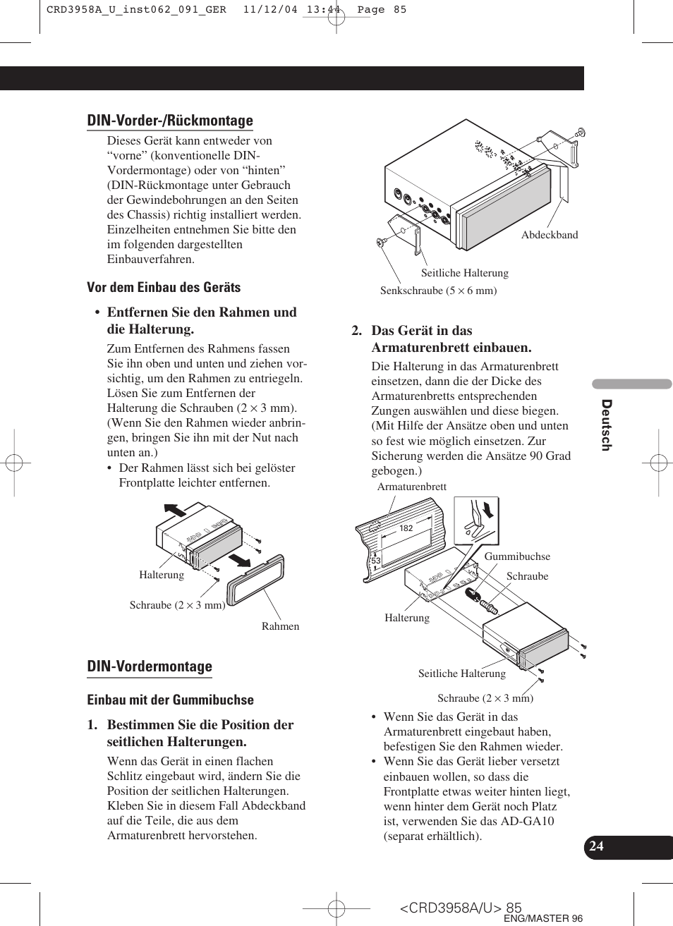 Din-vorder-/rückmontage, Din-vordermontage | Pioneer AVIC-X1R User Manual | Page 85 / 181