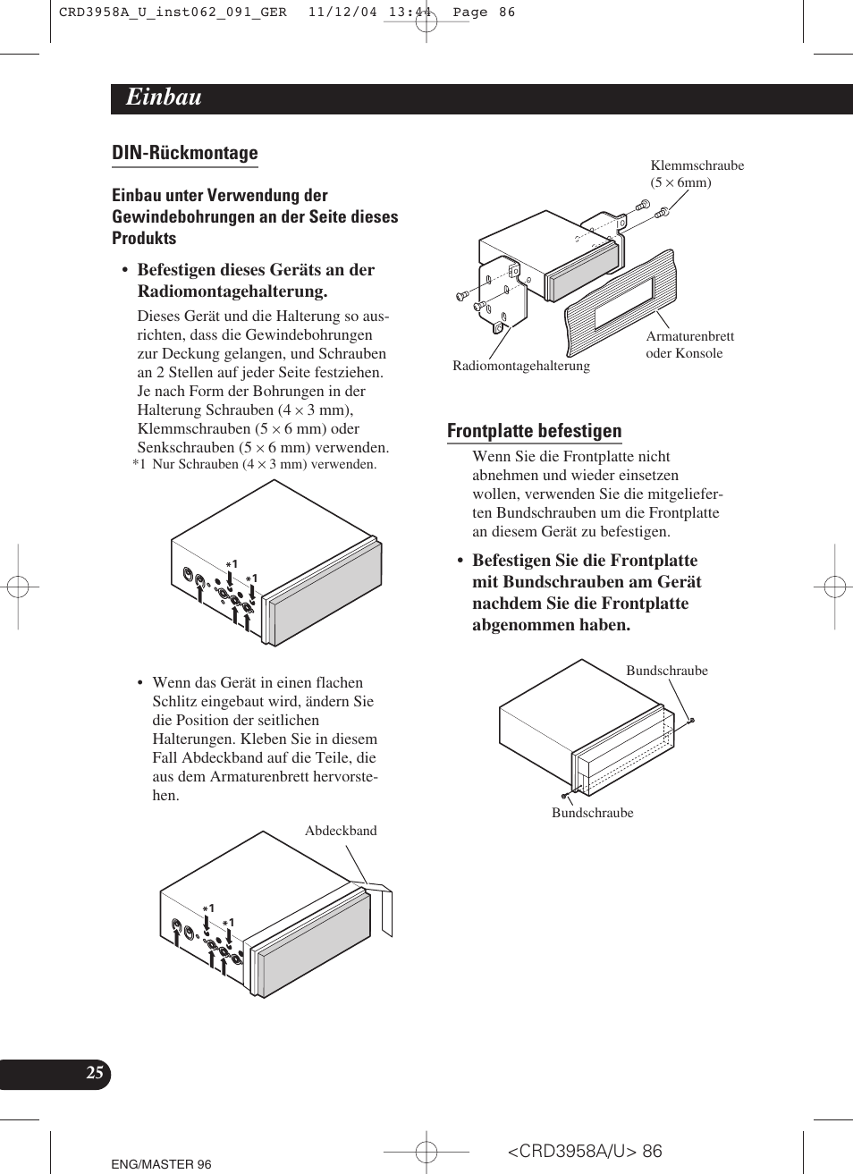 Din-rückmontage, Frontplatte befestigen, Einbau | Pioneer AVIC-X1R User Manual | Page 86 / 181