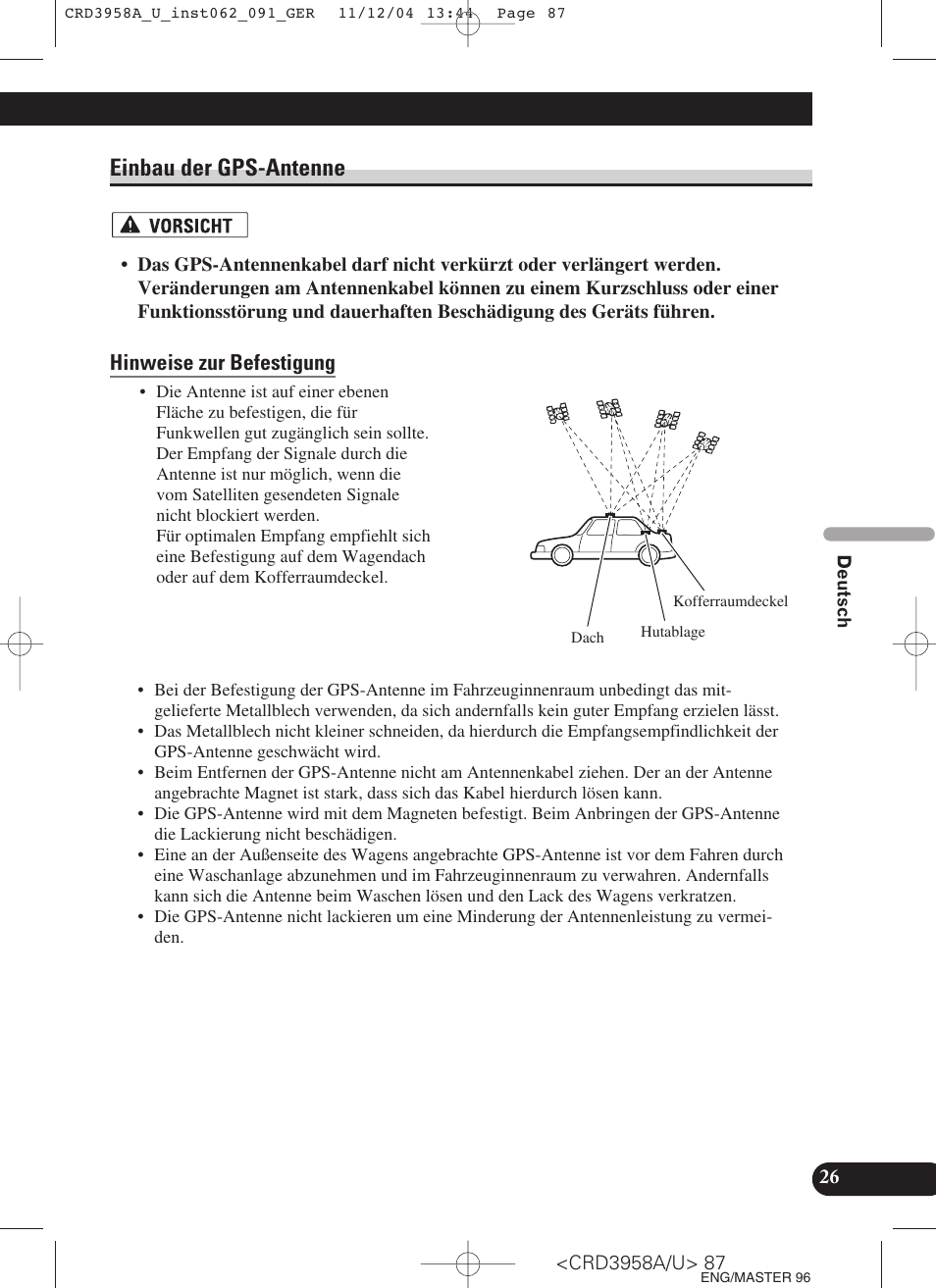 Einbau der gps-antenne, Hinweise zur befestigung | Pioneer AVIC-X1R User Manual | Page 87 / 181